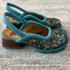 Fluevog Flower Slingback Heels. Comes With Dust Bag And Box John Fluevog Shoes, Sling Back Heels, Fluevog Shoes, John Fluevog, Slingback Heels, Slingback Heel, Sling Back, Shoes Women Heels, Blue Green