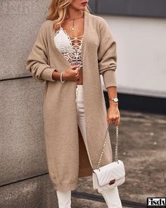 Long Sleeved Open Cardigan Maxi Dresses Fall, Chic And Elegant, Plaid Blouse, Round Neck Dresses, Outwear Jackets, Daily Dress, Open Cardigan, Open Front Cardigan, Front Open