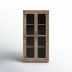 a tall wooden cabinet with glass doors on the front and bottom, against a white background