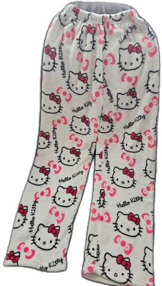 Cozy White Sleep Pants, Cozy White Sleep Bottoms, Cute Stretch White Pants, Cute White Long Pants, Cute Hello Kitty Loungewear Pants, Cute Hello Kitty Print Loungewear Pants, Cute Hello Kitty Print Pants For Pajama Party, Cute Pants With Hello Kitty Print For Pajama Party, Cute White Pants For Sleepover