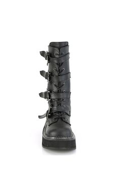 Dress like a creature of hell in these platform lace up boots! Here are a series of boots for true fans of the Chunk™. A thick platform to keep you comfy and tall as you stomp through the crowds. Vegan Black PU leather 2 inch platform Calf boot Bat Buckles Lace up U.S women's sizing-refer to size chart for more info Demonia Platform Boots, Demonia Platforms, Festival Grunge, Platform Shoes Boots, Demonia Boots, Gothic Boots, Demonia Shoes, Black Platform Shoes, White Boots