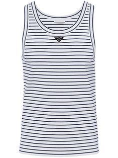 white/navy blue cotton horizontal stripe print crew neck enamel triangle logo sleeveless straight hem Prada Triangle, Triangle Logo, Striped Tank Top, T Shirt Vest, Striped Tank, White Tank Top, Stripe Print, Prada, Navy Blue