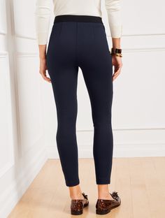 Talbots Soho Leggings. The modern, go-everywhere legging. Sculpting ponte knit fabric shapes and smooths. Features Legging Skinny leg Hits at waist Ankle length Pull on closure Imported Fit: Misses: 28"; Petite: 25 1/2"; Plus: 28"; Plus Petite: 25 1/2" Material: 67% Rayon, 29% Nylon, 4% Spandex Care: Machine wash cold; only non-chlorine bleach when needed; reshape, lay flat to dry; warm iron with steam if needed | Talbots Soho Leggings - Solid Chic Elastane Jeggings For Fall, Fitted Elastane Tights For Workwear, Office High Waist Stretch Leggings, Elastane Jeggings For Work, Versatile Comfort Stretch Elastane Tights, High-waist High-stretch Leggings For Work, High Waist Fitted Leggings For Business Casual, Fitted High Waist Jeggings For Work, High Waist Business Casual Fitted Leggings