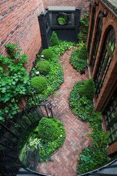 an aerial view of a brick courtyard with green plants