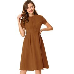 This vintage dress would add a unique fashion style and show femininity. This retro dress is designed with a high waist and pleated front, and styled in a modern short-sleeve finish. Pair with flat shoes or high heels for a vintage and elegant look. Match it with a hat and heels for a simple yet stylish summer look. Suitable for spring/summer and for many occasions, such as work, dating, weekend gatherings, and daily wear. Midi Dress Brown, Midi Dress Navy, Brown Midi Dress, Navy Blue Midi Dress, Poplin Dress, Midi Dress Casual, Midi Short Sleeve Dress, Knee Dress, Knit Midi Dress