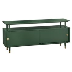 a green tv stand with two doors on one side and an open drawer on the other