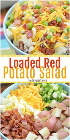 loaded red potato salad with bacon, cheese and green onions in a blue bowl on a table