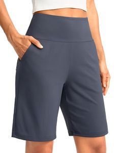 PRICES MAY VARY. SOFT & STRETCH FABRIC: Buttery soft, 4-way stretch fabric enhances the stretchability of the shorts to provide greater comfort and movement for all-day wear. Suitable for all body shapes. KNEE LENGTH: 9" inseam shorts features knee length for plenty of coverage, perfect length can prevents thighs from rubbing, won't ride up while moving. LOOSE FIT & TUMMY CONTROL: Straight leg openings and a relaxed fit keep you comfy. 4" wide waistband with high elastic offers full coverage and Comfortable Stretch Athletic Shorts With Pockets, Comfortable Stretch Gray Shorts, Comfort Stretch Elastane Shorts, Moisture-wicking Knee-length Shorts, Comfortable Stretch High-waisted Shorts, Versatile Elastane Short Bottoms, Versatile Short Elastane Bottoms, Versatile Elastane Bottoms With Built-in Shorts, Versatile Bottoms With Built-in Elastane Shorts