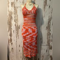 One-Of-A-Kind, Hand-Made Red Crochet Dress. 100% Cotton. Sized Xs-M With The Adjustable Lace Up Back And Tie At Neck. Machine Washable (In Garment Bag) Stunning! Fitted Orange Sundress Maxi Dress, Red Fitted Beach Dress, Red Fitted Midi Dress For Vacation, Fitted Orange Midi Dress For Beach, Red Fitted Sundress Maxi Dress, Fitted Red Sundress Maxi Dress, Red Fitted Summer Midi Dress, Fitted Red Summer Midi Dress, Red Fitted Midi Summer Dress