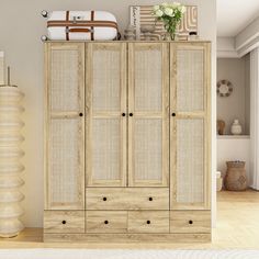 a large wooden cabinet sitting in the middle of a living room