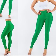 Polyester 82% Spandex 12% Small Medium Large Casual High Stretch Green Leggings, Casual Green High Stretch Leggings, Trendy Tight Leggings, Casual High-stretch Green Leggings, High Stretch Solid Color Tights For Spring, Stretch Green Tights For Yoga, High Stretch Solid Tights For Spring, Green Stretch Yoga Tights, Casual Green Compression Leggings