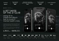 three cell phones with the text lost tapes of the 21 club on them, and an image of two men's faces