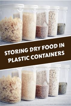 the words storing dry food in plastic containers are overlaid with images of different types of rice