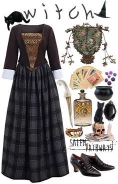 a woman's dress and accessories are arranged in the shape of a witch costume