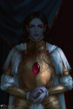 a woman with red eyes and gold armor