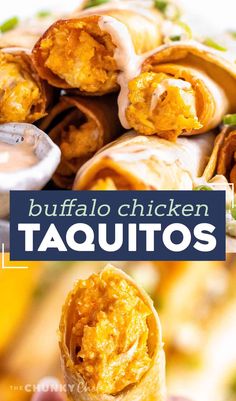 These Buffalo Chicken Taquitos are the perfect crowd-pleasing appetizer! Cheesy buffalo chicken filling is rolled up in flour tortillas and baked until crispy. Serve with an easy buffalo ranch and sprinkled with green onions and blue cheese crumbles! #buffalochicken #taquitos #appetizer #partyfood Buffalo Ranch Chicken Taquitos, Buffalo Chicken Taquitos Air Fryer, Blue Cheese Crumbles, Chunky Chef, Authentic Mexican Recipes