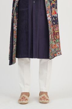 Navy chanderi kurta with pleated and pintucks detailing. Comes with pant. - Aza Fashions Traditional Festive Kurta With Pintucks, Festive Traditional Kurta With Pintucks, Traditional Kurta With Pintucks For Eid, Traditional Sets With Pintucks For Eid, Traditional Eid Sets With Pintucks, Traditional Pintucks Kurta, Plain Blue, Men Kurta, Pin Tucks