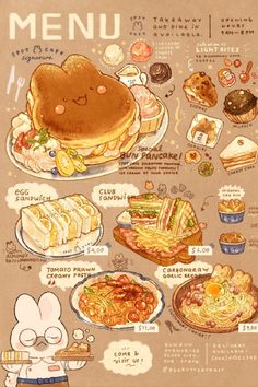 an illustrated menu with cartoon characters and food items