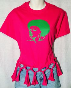 Cotton Tee. Cute and fringed! Hot Pink shirt and green vinyl. Very unique and trendy. Available in other sizes. Please specify your size by sending us a note or you may inquire first. Thanks. Casual Cotton T-shirt With Fringe, Casual Short Sleeve Fringe T-shirt, Trendy Short Sleeve T-shirt With Fringe, Trendy Fringe Short Sleeve T-shirt, Trendy Short Sleeve Fringe T-shirt, Spring Cotton Fringe T-shirt, Spring Fringe Cotton T-shirt, Casual Crew Neck T-shirt With Fringe, Fringe Tshirt