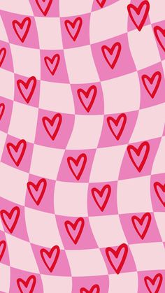 red hearts on pink and white checkerboard background with diagonal lines in the middle