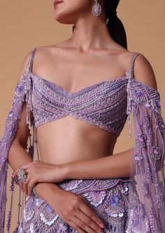 Lavender Pearl Embellished Lehenga with Off-Shoulder Draped Cape Off Shoulder Cape, Off Shoulder Lehenga, Stylish Lehenga, Wisteria Purple, Purple Lehenga, Ethnic Wears, Desi Vibes, Gown Designs, Saree Ideas