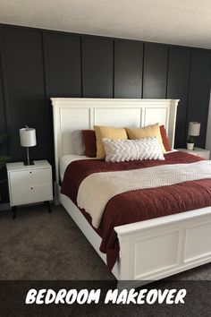 a bedroom with a bed, night stand and nightstands in white and brown colors