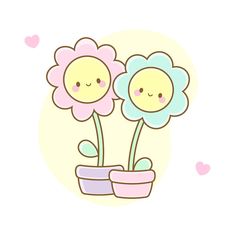 two cartoon flowers in a flower pot with hearts