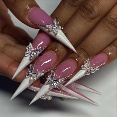 Da Nail Goat💎 | 🤍🤍🤍 • • • • #dmvnailtech #dmvnails #mdnails #mdnailtech #baltimorenailtech #baltimorenails #dcnails #dcnailtech #marylandnails... | Instagram Old Fashion Nail Designs, Stiletto Bow Nails, White French Stiletto Nails, Pink And White Stiletto Nails, Long Junk Nails, French Stiletto Nails, Beginner Nails, French Stiletto, Junk Nails