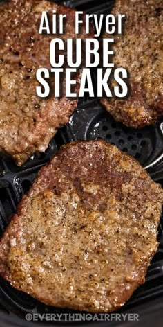 air fryer cube steaks cooking on the grill with text overlay that reads, air fryer cube steaks