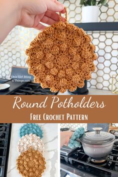 crochet round potholders with text overlay that says round potholders free crochet pattern