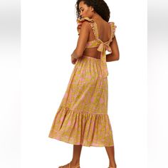 Size Guide Bust: 22" Waist: 20.25" Hip: 39.5" Length: 49.5" Fabric: 100% Cotton Bin H Yellow Tie-back Dress For Vacation, Chic Yellow Midi Dress For Casual Wear, Fitted Yellow Sundress For Casual Wear, Fitted Yellow Maxi Dress With Tie Back, Fitted Yellow Sundress For Casual Occasions, Yellow Ruffle Beach Dress, Yellow Ruffled Beach Dress, Yellow Ruffled Midi Dress For Casual Wear, Yellow Midi Dress With Ruffles For Casual Wear