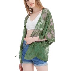 Add a touch of boho flair to your outfit with the Anna-Kaci Women's Short Embroidered Lace Duster Crop Cardigan with Half Sleeves. Blending just the right amount of and modesty, this lace duster keeps your arms and shoulders covered while allowing your outfit to shine through with its sheer lace design. The loose fit, open front, and extra-large armholes ensure a comfortable fit for any body type, creating a dramatic and head-turning flowy look as you walk by. Bohemian Outerwear For Spring Vacation, Bohemian V-neck Summer Outerwear, Spring Hippie Outerwear For Vacation, Hippie Outerwear For Spring Vacation, Green Bohemian Summer Outerwear, Bohemian Cardigan For Beach Cover-up In Fall, Green One Size Cardigan, Bohemian Open Front Outerwear For Spring, Bohemian Green Outerwear For The Beach