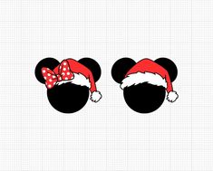 mickey and minnie mouse ears with santa hats on their heads, one wearing a red polka dot bow