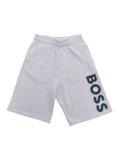 Cotton-polyester fleece shorts with cut-outs and side pockets, elasticated waistband with inner drawstring, two-colour high-definition BOSS logo printed on the leg.Composition: 100% POLYESTER FABRIC 2 87% COTTON 13% POLYESTER Cotton Shorts With Logo Print, Sporty Logo Print Short Bottoms, Sports Shorts With Logo Print, Sports Bottoms With Logo Print And Short Shape, Sports Logo Print Shorts, Casual Sports Shorts With Logo Waistband, Casual Shorts With Logo Print, Gray Shorts, Boss Logo