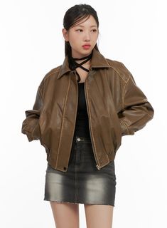 zip-up-faux-leather-crop-jacket-cs405 / Brown Trendy Leather Outerwear With Padded Collar, Trendy Leather Jacket With Padded Collar, Trendy Outerwear With Contrast Stitching, Spring Retro Leather Jacket With Zipper Closure, Spring Retro Leather Jacket With Zipper, Urban Faux Leather Jacket With Long Sleeves, Urban Long Sleeve Faux Leather Jacket, Brown Faux Leather Outerwear For Streetwear, Urban Style Long Sleeve Faux Leather Jacket