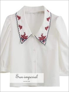 White Women Buttoned Blouse with Red Embroidery Flower Printed Lapel Collar Single Pocket Retro 3/4 vintage style Three Quarter Sleeve Blouses With Collar Bulotus Top, Luxury Floral Embroidery Sets With Stand Collar, Handkerchief Embroidery, Imperial Fashion, Kalamkari Blouse, Retro 3, Red Embroidery, Shirt Embroidery, Floral Color