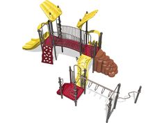 a children's play area with swings and slides