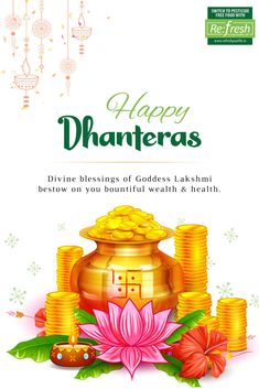 happy dhanteras greeting card with gold coins and flowers on white background for diwaling