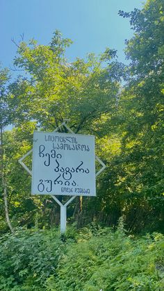 a road sign in front of some trees and bushes