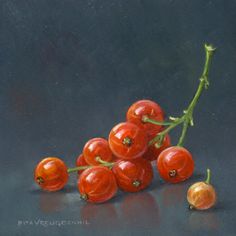 a painting of some red tomatoes on a black surface