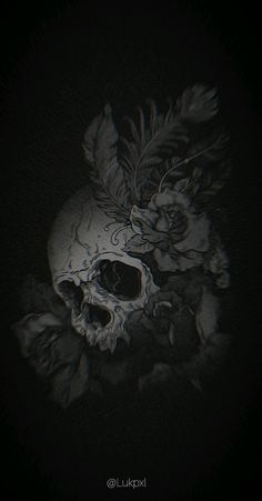 a black and white photo of a skull with feathers on it's head in the dark