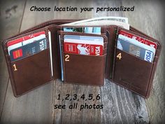 "This personalized RFID blocking leather trifold wallet makes a great keepsake. Give your loved ones the joy! This is the perfect gift for a son, Father, groomsmen, husband, Father of the bride on Birthday, Anniversary, Wedding, Graduation, Christmas. Or it may simply be a love note! This trifold wallet made of slim and soft genuine top grain cowhide leather with RFID blocking material. RFID lining - every pocket is shielded, protecting your identity even when open. COLOR: This wallet color - To Gifts For Husband Anniversary, Husband Anniversary Gifts, Baby Fathers Day Gift, Men Valentines, Personalized Mens Wallet, Son Father, Minimalist Card, Personalized Leather Wallet, Engraved Wallet