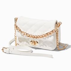 Claire's Quilted White Dual Strap Crossbody Bag Trendy White Quilted Shoulder Bag, Chic White Quilted Bag, White Quilted Rectangular Shoulder Bag, White Quilted Crossbody Shoulder Bag, Chanel Chain Wallet, Chanel Chain, Chanel Store, 2023 Ss, Fashion Chanel