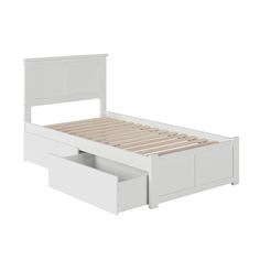 a white bed with two drawers underneath the headboard and foot board, on a white background