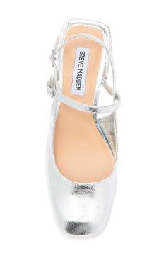 Dual adjustable straps lend retro-inspired styling to a square-toe pump lifted by a wrapped block heel. 2 1/2" heel Synthetic upper, lining and sole Imported Silver Heels Short, Closed Toe Heels, Silver Pumps, Flip Flop Slippers, Silver Heels, Silver Shoes, Kids Boots, Steve Madden Shoes