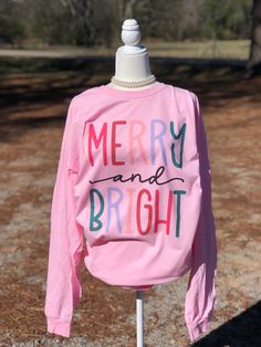 "\"Merry and Bright\" -Professionally DTG Printed  -Unisex True To Size Fit Long Sleeve Shirt -Shirts are made to order. Please Allow 1-2 weeks processing time  - I do not offer Returns, Order Cancelations or Refunds -Size chart is listed in item photos!" Pink Cotton Tops For Holiday, Pink Cotton Top For Holiday, Christmas Pink Cotton Tops, Pink Cotton Christmas Tops, Pink Christmas Shirt, Pink Christmas Graphic Print Tops, Merry And Bright Sweatshirt, Merry And Bright Shirt Svg, Cute Pink Christmas T-shirt