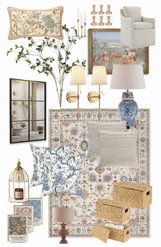 a collage of furniture and decor in shades of blue, white, beige and gold