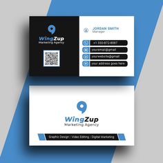 two business cards with the word winzup on them, and an image of a q