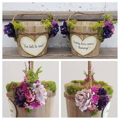 two baskets with flowers and sayings hanging from the handles, one is made out of wood