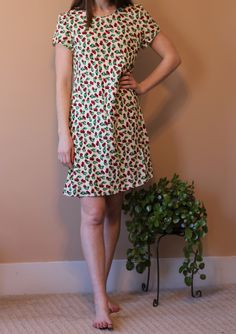 "The perfect flirty summer dress for any event. This super cute cherry print is sure to grab everyone's attention. The flowy material is comfortable and hangs nicely from the shoulders. The silky lining adds another layer and some weight to this dress - you won't have to hold on when a breeze comes along.  Dress shown on a 150lb, 5'10\" female. Message me with sizing details or questions" Spring Garden Party Dress With Fruit Print, Casual Fruit Print Dresses For Spring, Casual Strawberry Print Dress For Vacation, Summer Strawberry Print Dress For Brunch, Summer Brunch Dress With Strawberry Print, Casual Strawberry Print Dress For Brunch, Spring Fitted Cherry Print Dress, Fitted Cherry Print Spring Dress, Casual Cherry Print Mini Dress